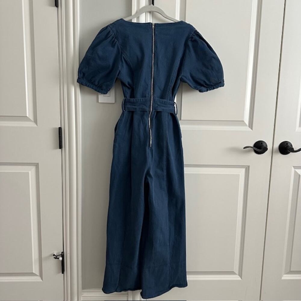 En Saison Puff Sleeve Belted Denim Wide Leg Jumpsuit Medium - Picture 9 of 16